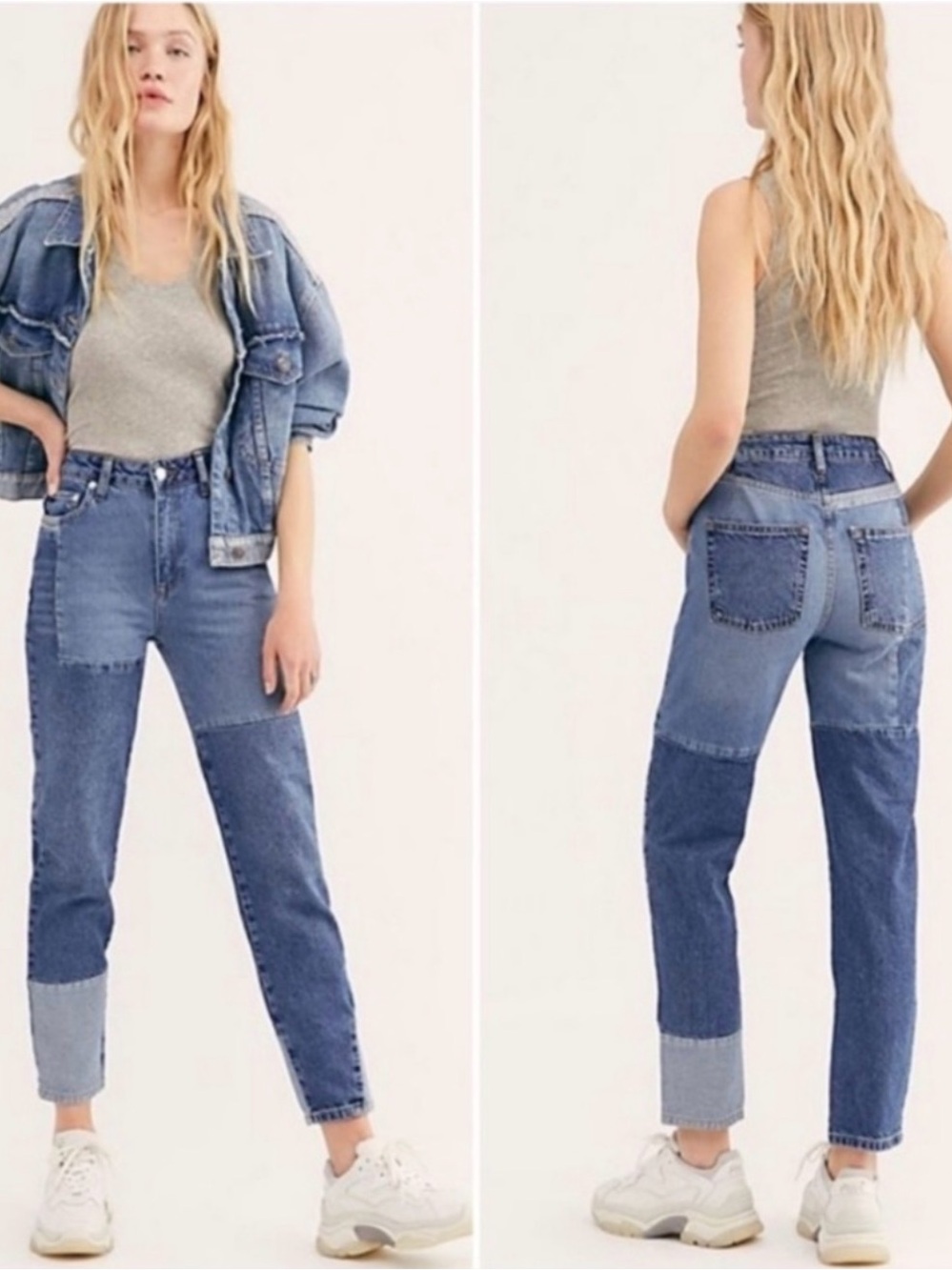 We The Free Patchwork Two-Tone Blue High-Waisted Mom Jeans